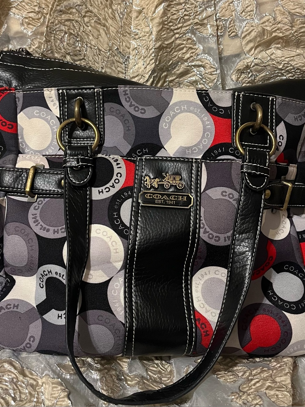 COACH Black, Red & Gray Signature Circle Tote
